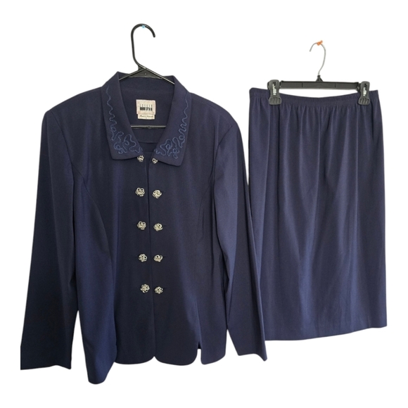 VTG Leslie Fay 2Piece Skirt Suit 16 Blue Long Sleeve Button Up Double Breasted - Picture 1 of 16